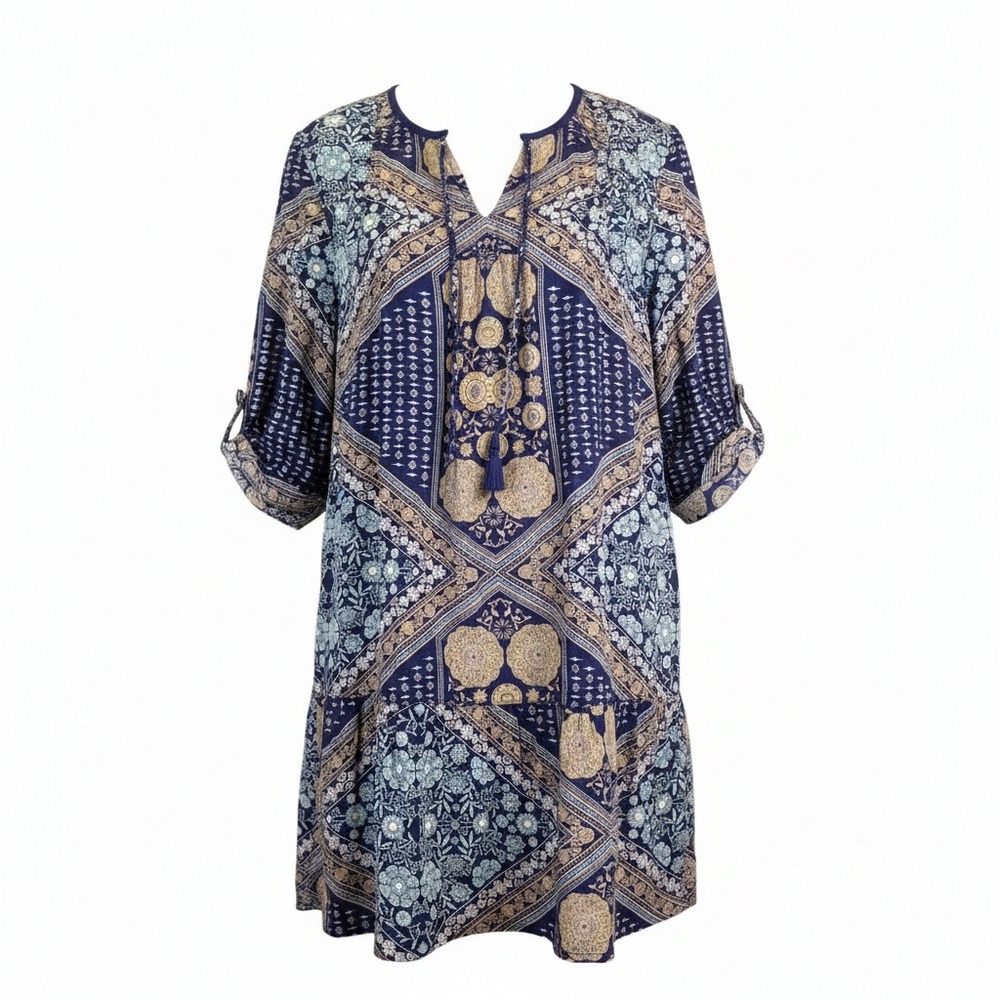 Roxy Womens S Blue Paisley Boho Tunic Dress Tassel Tie Roll Tab Sleeve